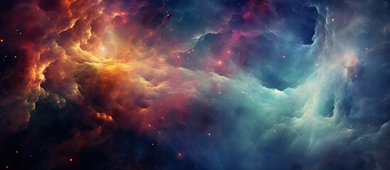 Vibrant hues of a nebula shine in a cosmic scene with stars and swirling clouds in the vast galaxy