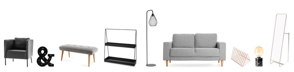 Set of different furniture isolated on white