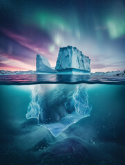 iceberg in the northern open sea in half under water view with giant bottom under water at night with colorful aurora 