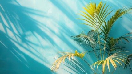 Palm Leaves in Pastel Minimalism - Turquoise Sky and White Wall Background with Copy Space