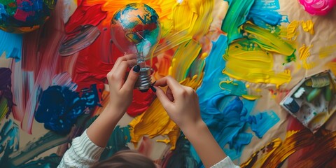 Obraz premium A person is painting a globe with a light bulb on it