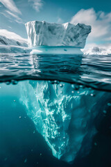 iceberg in the northern open sea in half under water view with giant bottom under water of blue sea