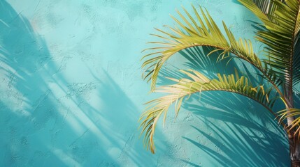 Fototapeta na wymiar Palm Leaves in Pastel Minimalism - Turquoise Sky and White Wall Background with Copy Space