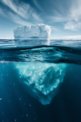 iceberg in the northern open sea in half under water view with giant bottom under water of the sea