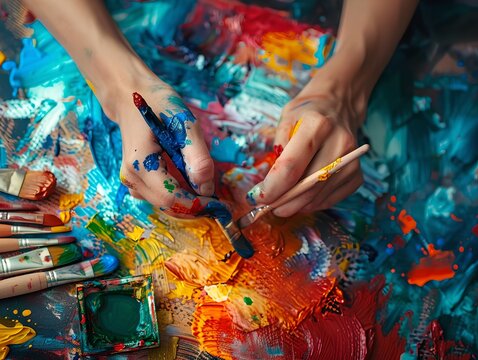 Hands of artist holding paintbrushes, painting on canvas