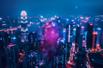 Cityscape with a hand fingerprint symbolizing security and digital protection in a business technology setting. Concept Cityscape, Hand fingerprint, Security, Digital protection, Business technology - obrazy, fototapety, plakaty