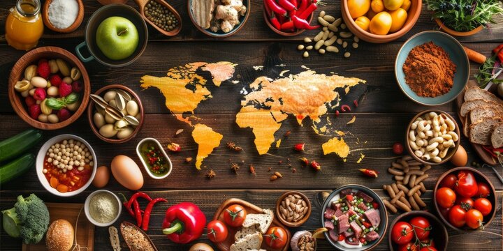 Table with a world map in the center and various foods around, concept of food from different countries