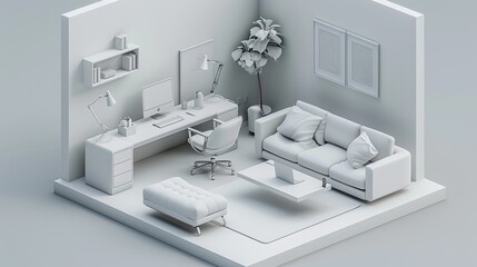 Minimalist Workspace in Serene White Environment with Desk,Chair and Cozy Sofa