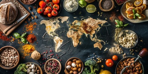 Table with a world map in the center and various foods around, concept of food from different...