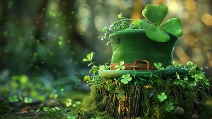 Green top hat on top of tree stump with clovers on the ground