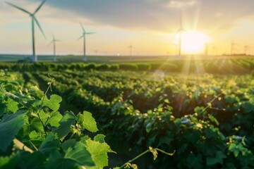 Fototapeta premium Field with green plantation and wind turbines at sunset, wind farm