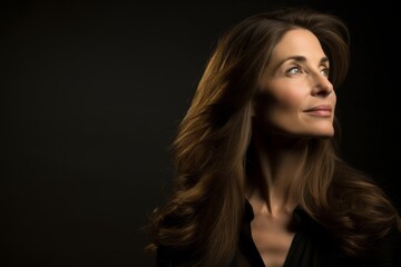 Portrait of a beautiful woman with long brown hair on a black background
