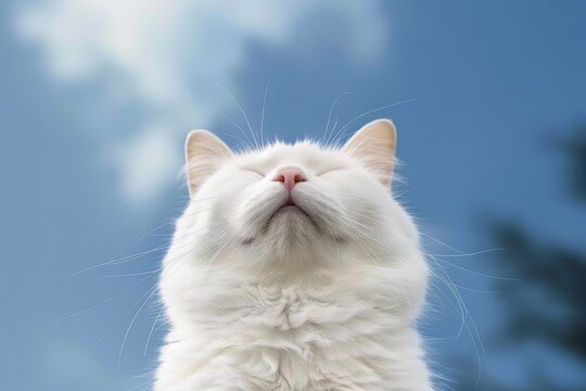 Portrait of White Cat, Head of White Cat and blue sky