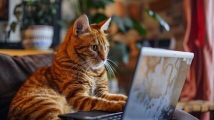 Orange tabby cat using laptop at home - An orange tabby cat attentively using a laptop on a cozy home desk setup, showing a human-like curious behavior