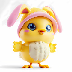 Funny little chicken wearing rabbit costume. Yellow bird with bunny ears isolated on white background. Happy Easter. Cute cartoon character for design greeting card, banner, poster, sticker