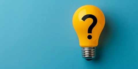 Fotobehang Light bulb with question mark symbol on blue background, concept of ideas and creativity © Kaleb
