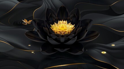A black and gold flower with a gold stem is floating in a body of water