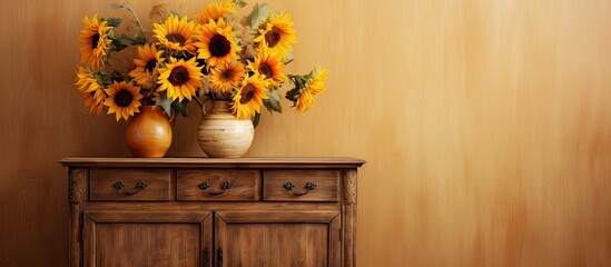 A vase filled with sunflowers rests on a wooden dresser near a window, adding a touch of vibrant color to the rooms cabinetry and wood stain