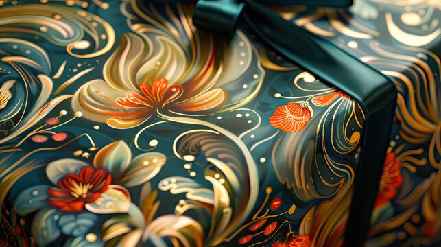 A detailed shot of a gift with an intricate hand-painted wrapping design