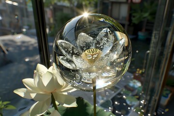 A glass flower with a stem is sitting on a table next to a white flower