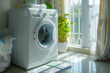 A white washing machine sits in a room with a window and a potted plant
