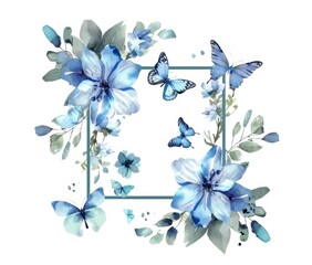 Square frame with blue flowers and butterflies - A square frame adorned with watercolor blue flowers and delicate butterflies, symbolizing rebirth