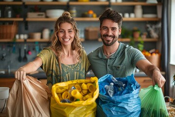 Joyful man and woman showcase their recycling bags filled with materials in a homely kitchen