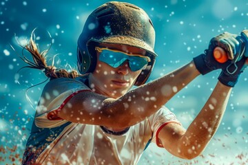 Young Female Athlete Playing Baseball in Action Under Snowfall With Sports Gear and Determination