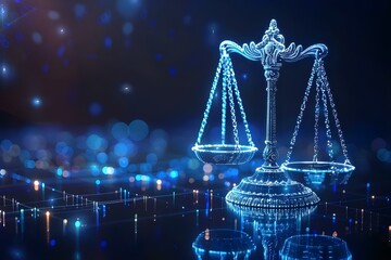 Balancing Fairness and Equality: Digital Scales of Justice in a Futuristic Network Background. Concept Technology in the Future, Justice System, Fairness vs Equality, Digital Innovation