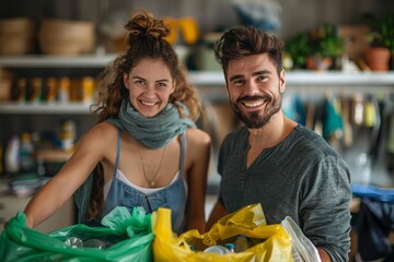 Attractive young couple sorts recyclable materials, smiling at the camera in a kitchen space