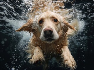 Dog swimming underwater looking at camera - Adorable golden retriever swimming underwater, eyes focused on the camera with a cute expression - obrazy, fototapety, plakaty