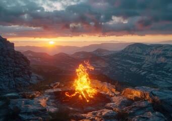 Campfire in mountains at sunset - A campfire burns brightly against a backdrop of mountains and sunset, conveying warmth and adventure