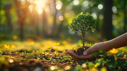 Nature Conservation: Hand Holding Tree on Field - Saving the World through Forest Preservation