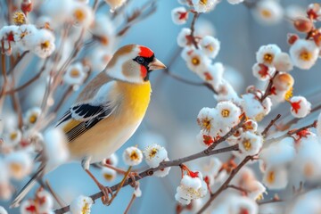 Fototapeta premium Goldfinch perching on flowering branches in bloom - A colorful goldfinch sits on blossoming branches, symbolizing the vibrancy of life and the arrival of spring