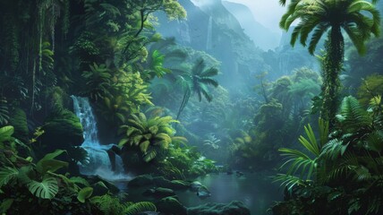Obraz premium Tropical forest with lush waterfall - A serene and mysterious tropical forest scene with a cascading waterfall surrounded by rich green foliage