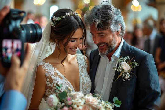 Bride and her father share a heartwarming moment at her wedding with photographers capturing it