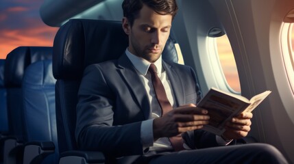 Fototapeta na wymiar Portrait of modern successful businessman reading book while flying by first class plane at night, copy space