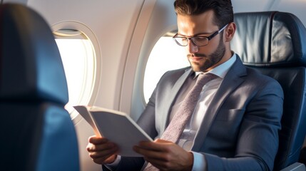 Naklejka na ściany i meble Portrait of modern successful businessman reading book while flying by first class plane at night, copy space