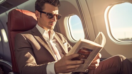 Portrait of modern successful businessman reading book while flying by first class plane at night,...
