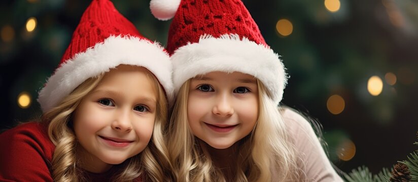 Two little girls with red and white santa hats are smiling and posing for a picture together