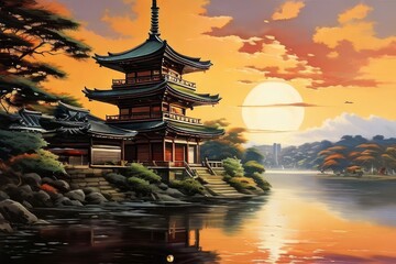 a japanese landscape in a fairy garden, Three-Story Pagoda painting - obrazy, fototapety, plakaty