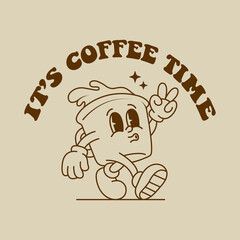 Retro cartoon drink poster. Cafe menu cover with funny mascot and groovy 70s 80s style mascot. Vector coffee to go menu with cute mascot