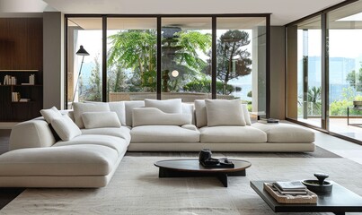 Modern living room clean interior design with modern couch