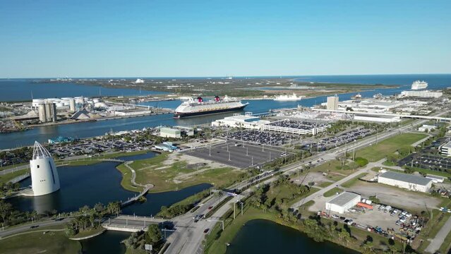 Aerial view of Port Canaveral with cruise ships in Cape Canaveral area of Brevard County, Florida. 