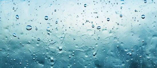 A close up of water drops on a window, showcasing the beauty of liquid droplets on a transparent material, reflecting an electric blue hue