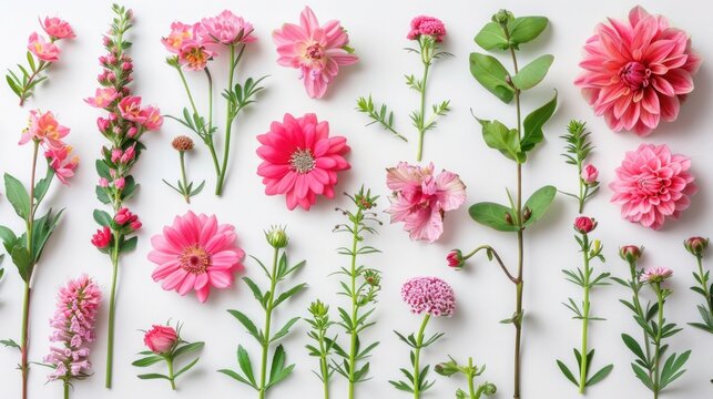 Pink Floral Flat Lay: Composition of Flowers on White Background - Top View