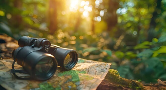Environmentalist's binoculars and a reforestation project map, nurturing the planet