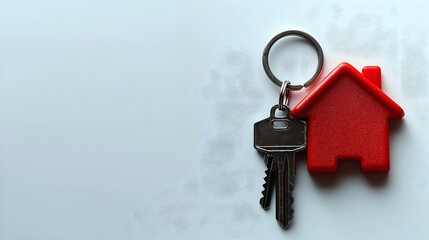 
Flat lay of a house-shaped keychain on a white background with copy space, in the style of a real estate concept. Copy Space
