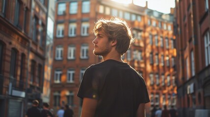 Back view of person in sunlit city environment - The warm glow of the sun illuminates a young person from behind, walking in a scenic urban street, implying youthful optimism