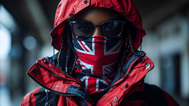 African-American black female wearing a hoodie and sunglasses and a British Union Jack face cover- edgy fashion - black and white photograph with color splash - mysterious - dramatic - cinematic 